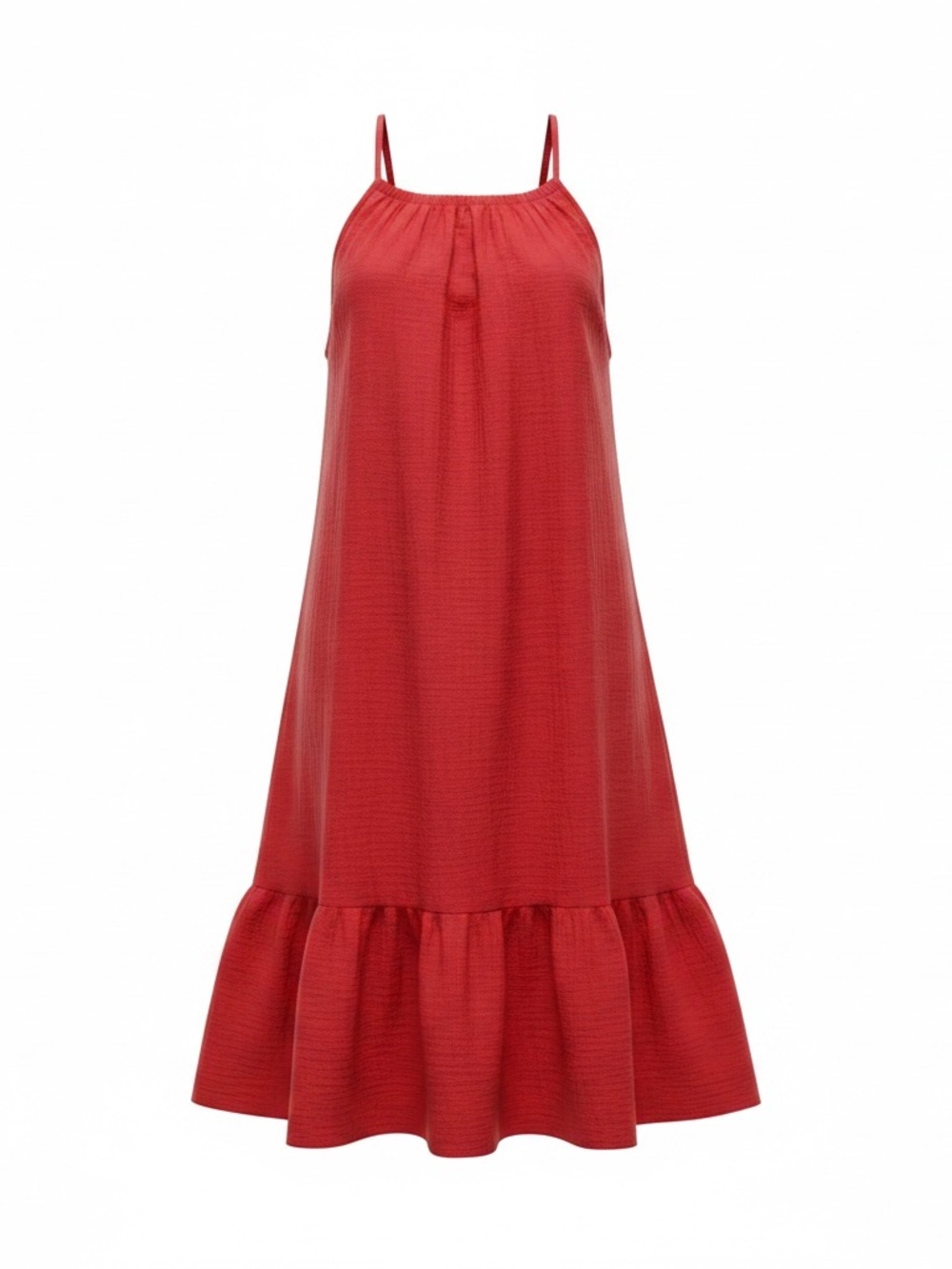 H&M Red Spaghetti-Strap Midi Dress with Ruffled Hem